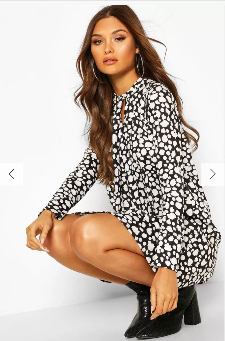 Boohoo Black/White Spot Tie Neck Shift Dress Sz 10